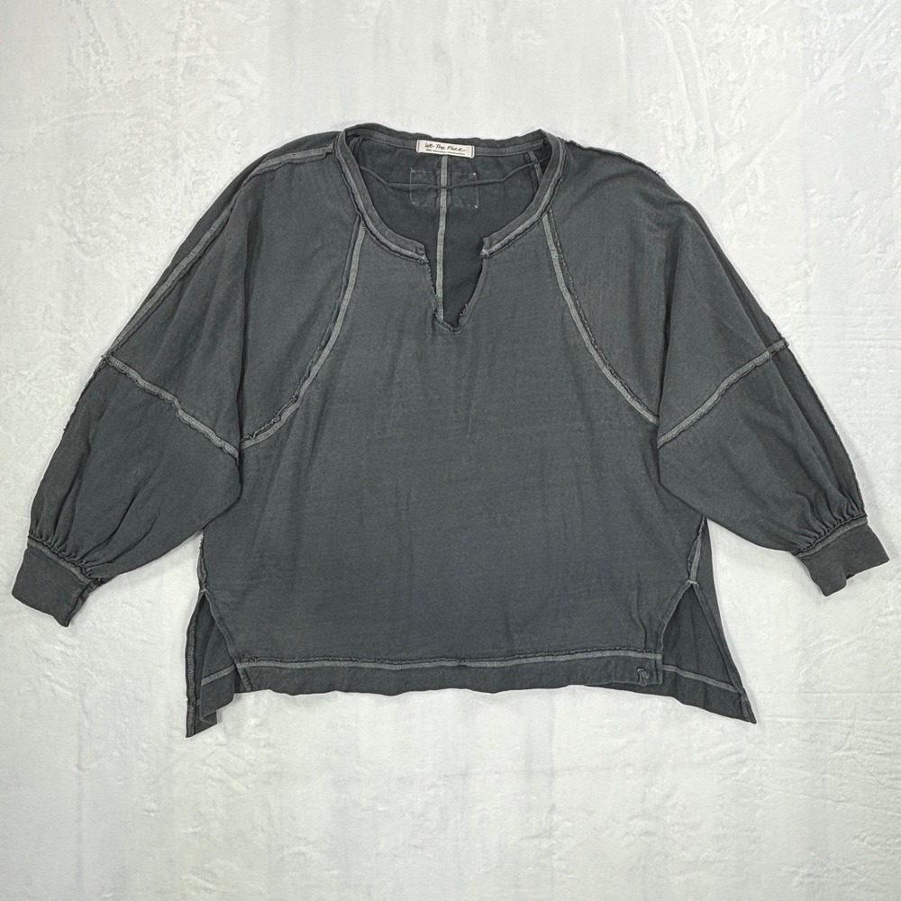 We The Free Free People Charcoal Gray Oversized Split V-Neck Top Small OB1800797